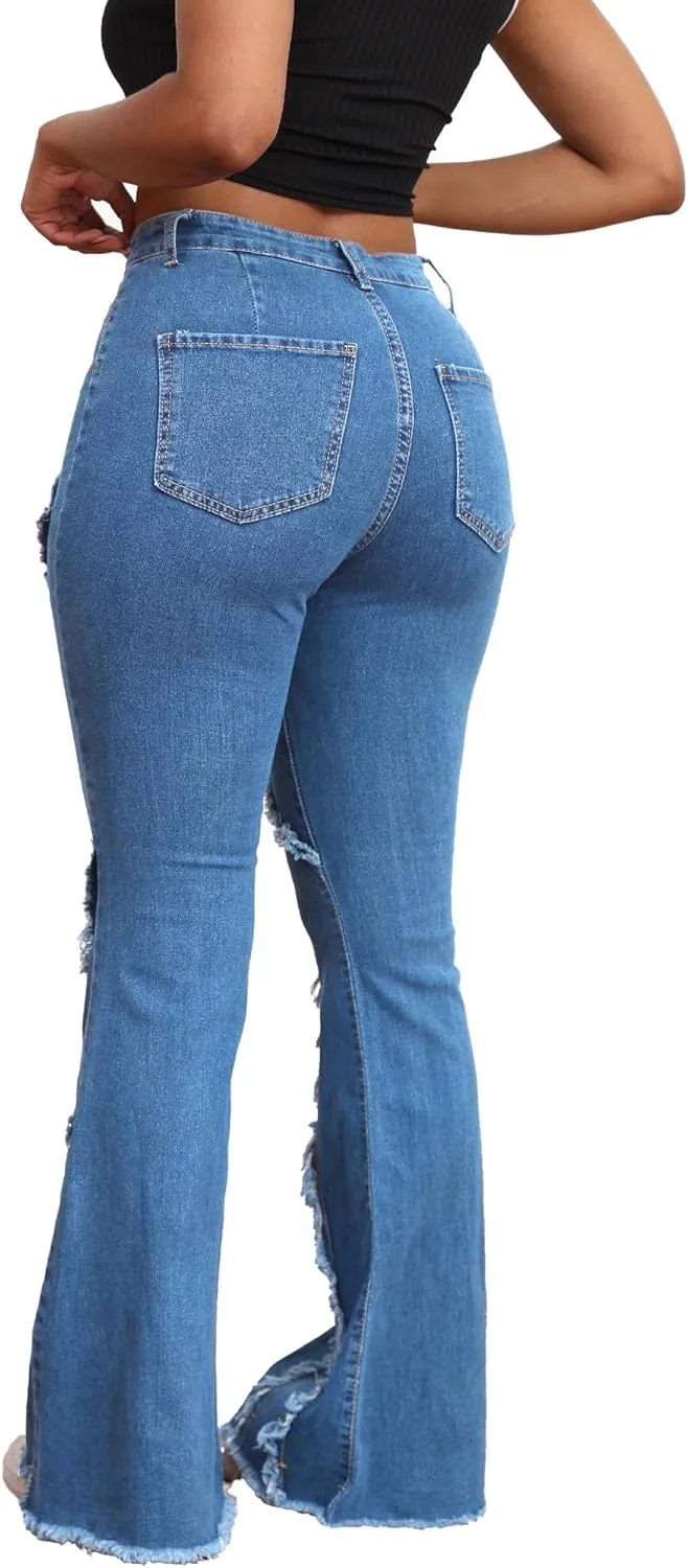 Skinny Jeans for Women High Waisted Ripped Hole Side Ruffle Raw Hem Distressed Classic Denim Jean Pants