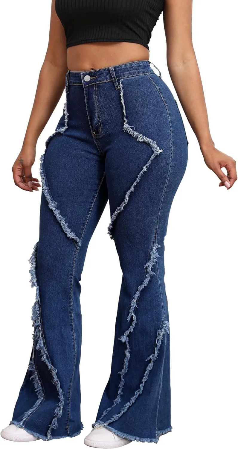 Skinny Jeans for Women High Waisted Ripped Hole Side Ruffle Raw Hem Distressed Classic Denim Jean Pants