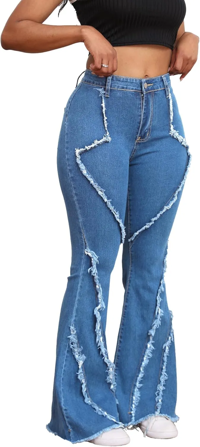Skinny Jeans for Women High Waisted Ripped Hole Side Ruffle Raw Hem Distressed Classic Denim Jean Pants