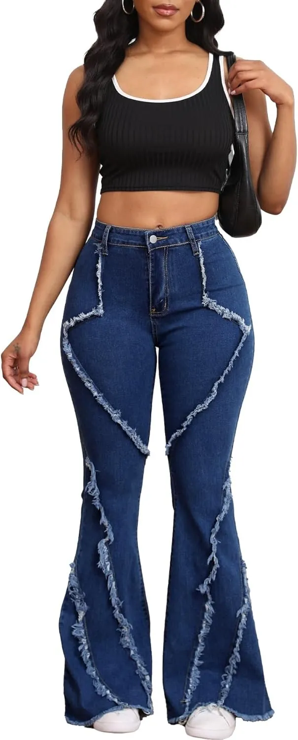 Skinny Jeans for Women High Waisted Ripped Hole Side Ruffle Raw Hem Distressed Classic Denim Jean Pants