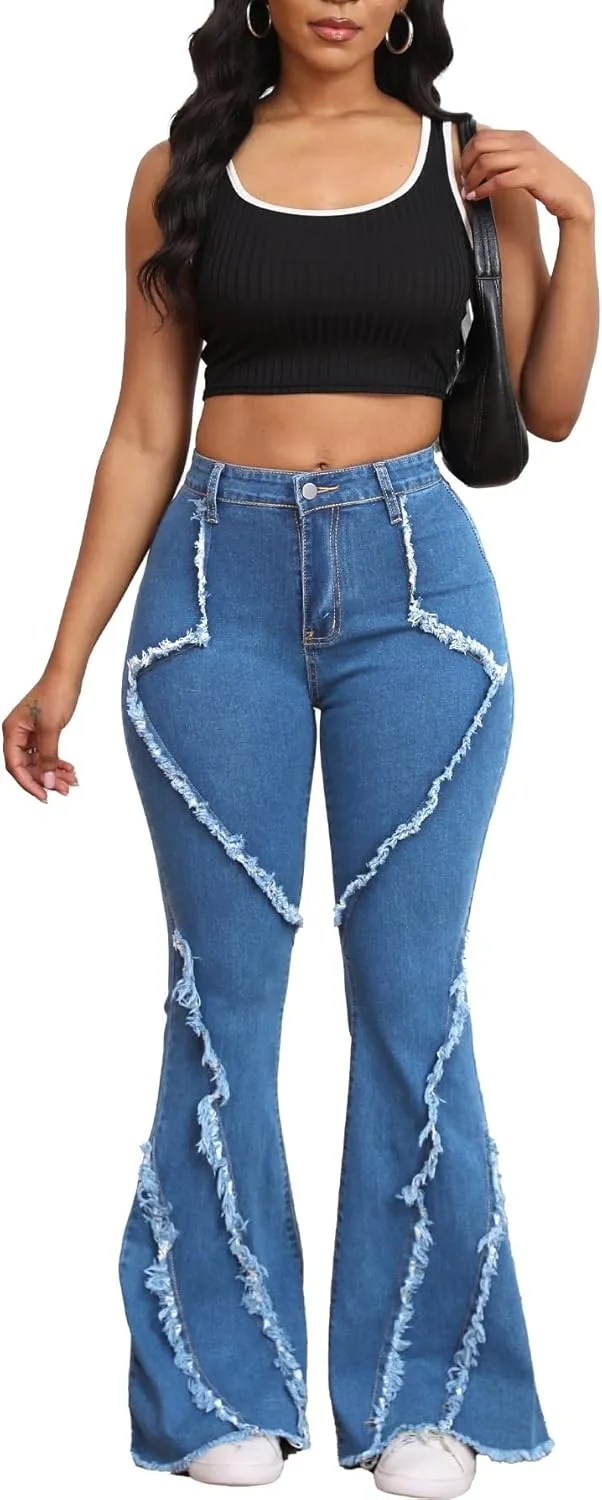 Skinny Jeans for Women High Waisted Ripped Hole Side Ruffle Raw Hem Distressed Classic Denim Jean Pants