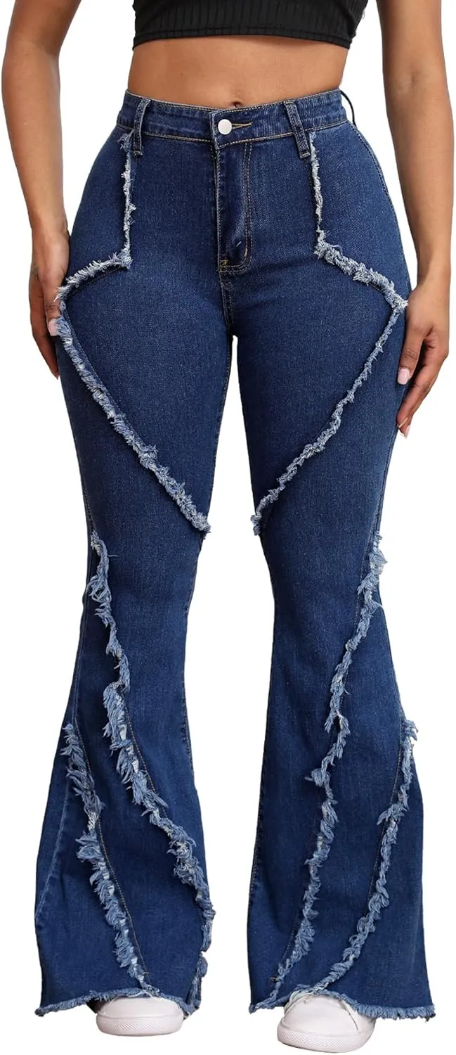 Skinny Jeans for Women High Waisted Ripped Hole Side Ruffle Raw Hem Distressed Classic Denim Jean Pants
