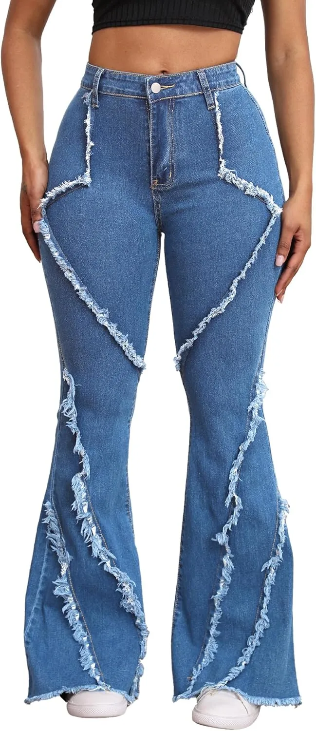 Skinny Jeans for Women High Waisted Ripped Hole Side Ruffle Raw Hem Distressed Classic Denim Jean Pants