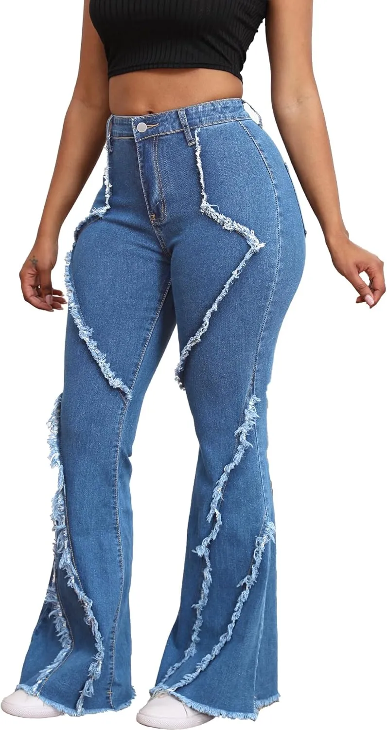 Skinny Jeans for Women High Waisted Ripped Hole Side Ruffle Raw Hem Distressed Classic Denim Jean Pants