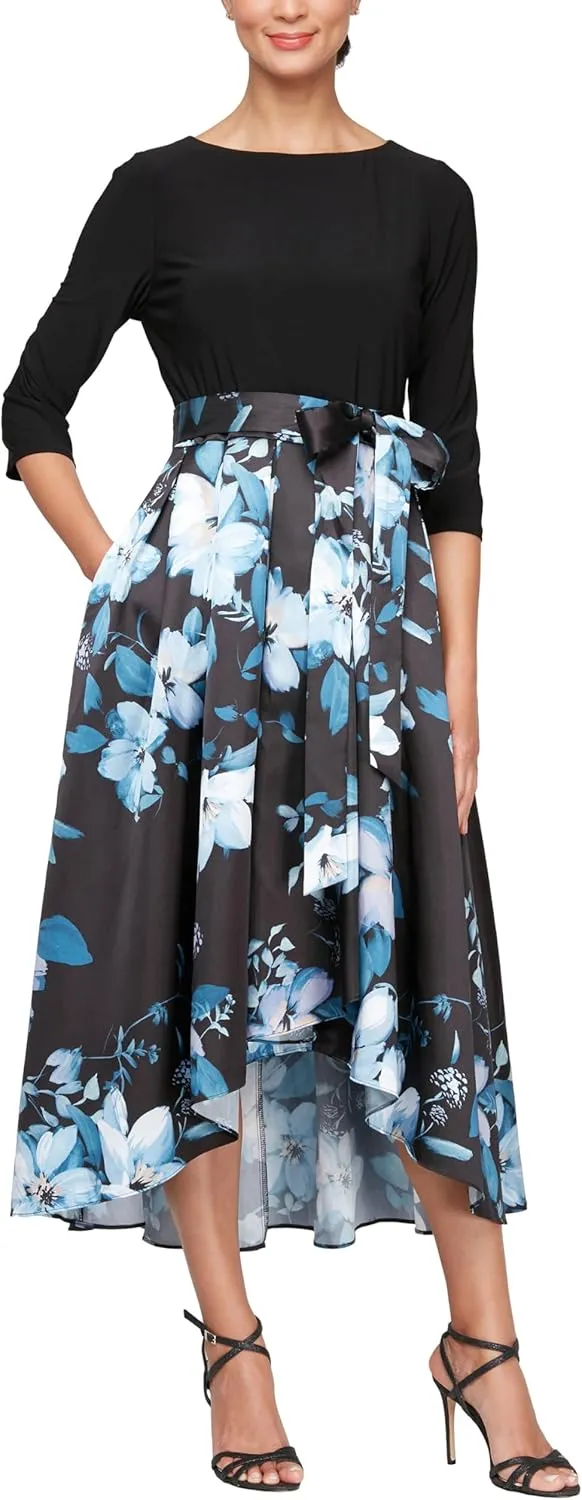 S.L. Fashions Women's Floral High-Low Gown with Pockets and Stretch Bodice, Wedding Guest Dress (Petite and Regular Sizes)