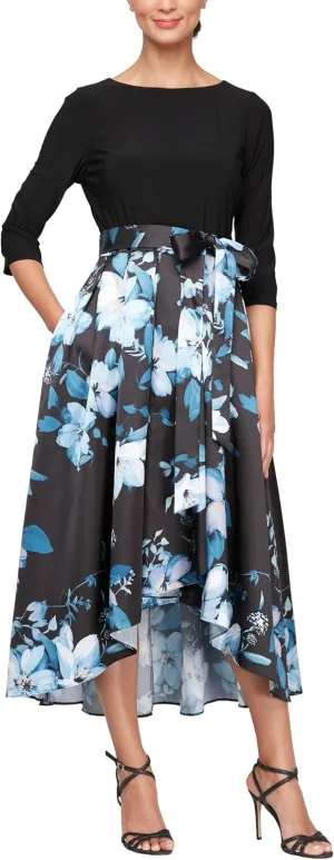 S.L. Fashions Women's Floral High-Low Gown with Pockets and Stretch Bodice, Wedding Guest Dress (Petite and Regular Sizes)