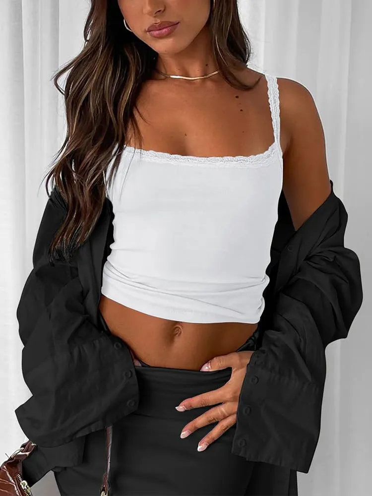 Sleeveless Camisole Tank Tops for Women Y2K Spaghetti Strap Lace Trim Slim Fit Basic Cami Shirts