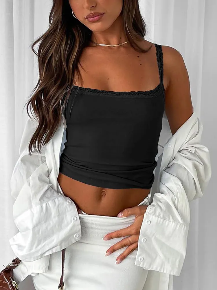 Sleeveless Camisole Tank Tops for Women Y2K Spaghetti Strap Lace Trim Slim Fit Basic Cami Shirts