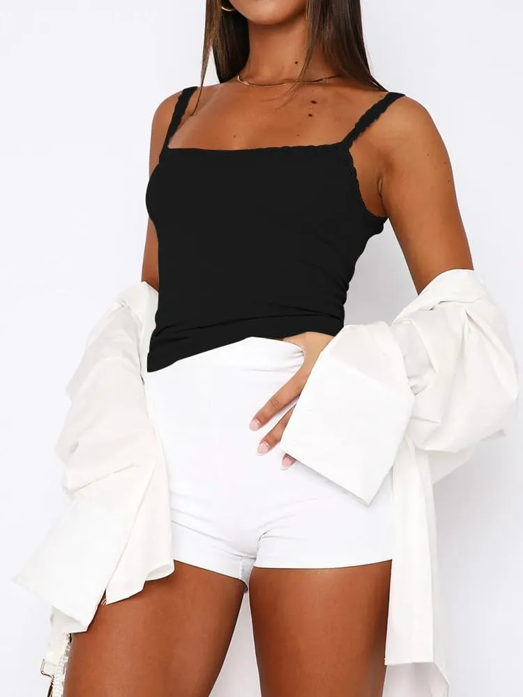 Sleeveless Camisole Tank Tops for Women Y2K Spaghetti Strap Lace Trim Slim Fit Basic Cami Shirts