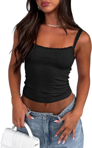Sleeveless Camisole Tank Tops for Women Y2K Spaghetti Strap Lace Trim Slim Fit Basic Cami Shirts