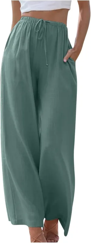SMIDOW Linen Pants for Women Casual Loose High Waist Drawstring Trousers Wide Leg Baggy Long Pant with Pockets
