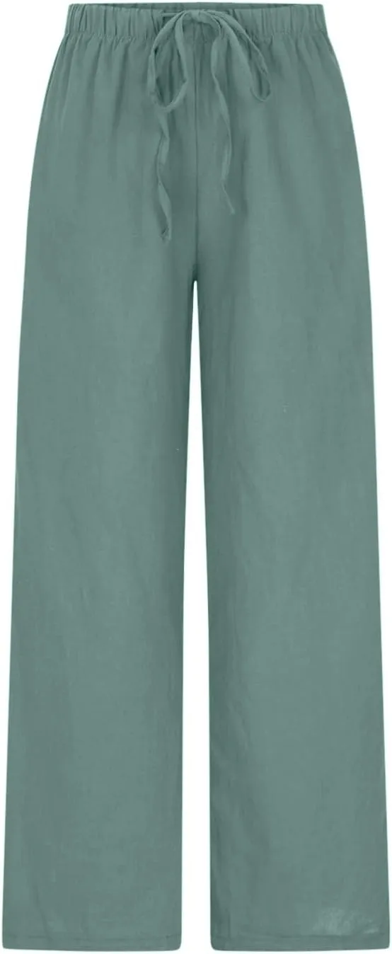 SMIDOW Linen Pants for Women Casual Loose High Waist Drawstring Trousers Wide Leg Baggy Long Pant with Pockets