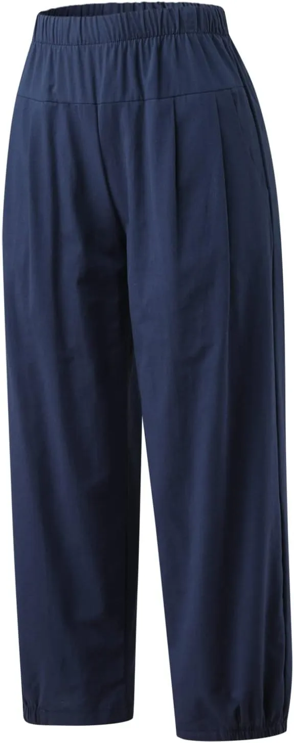 SMIDOW Women's Capris and Cropped Pants Dressy Casual Cotton Linen Pant Elastic High Waist Loose Wide Leg Long Trousers