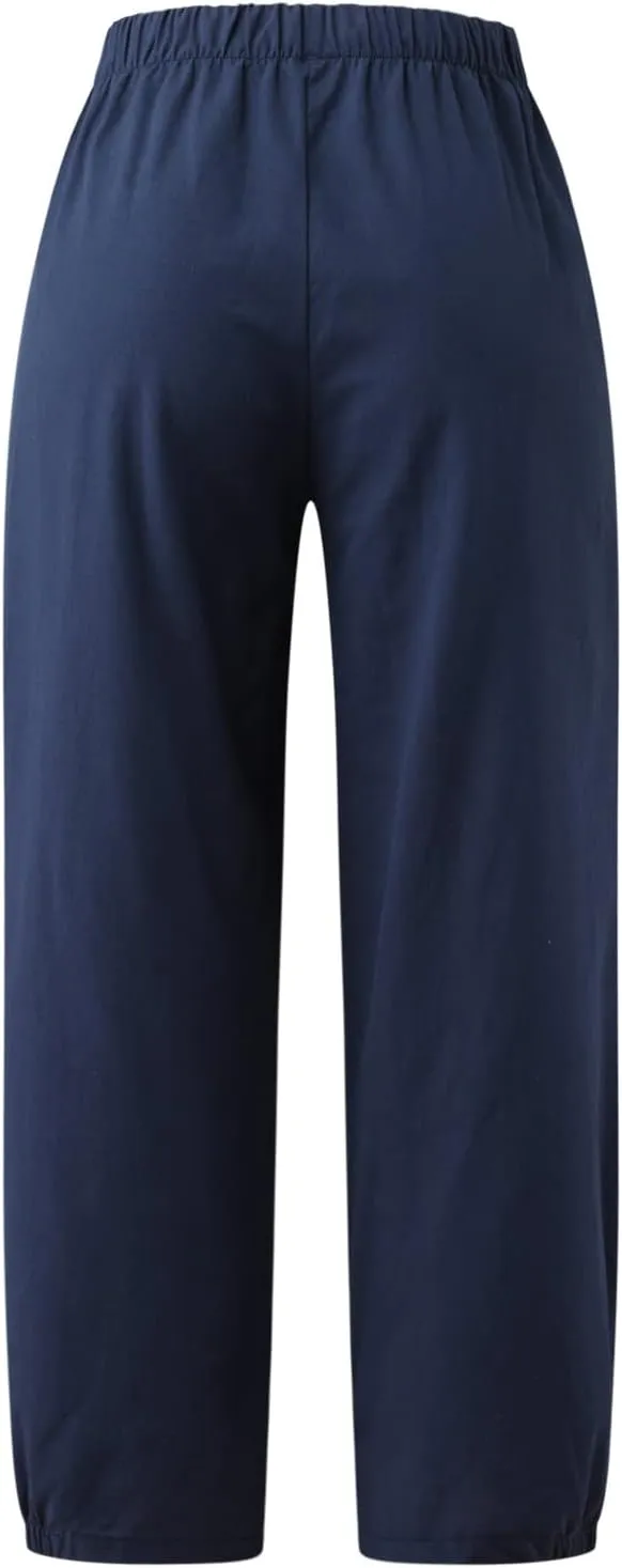 SMIDOW Women's Capris and Cropped Pants Dressy Casual Cotton Linen Pant Elastic High Waist Loose Wide Leg Long Trousers