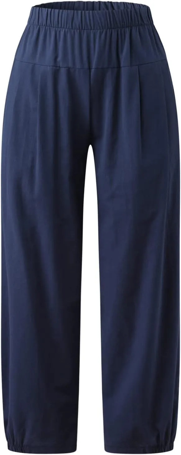 SMIDOW Women's Capris and Cropped Pants Dressy Casual Cotton Linen Pant Elastic High Waist Loose Wide Leg Long Trousers