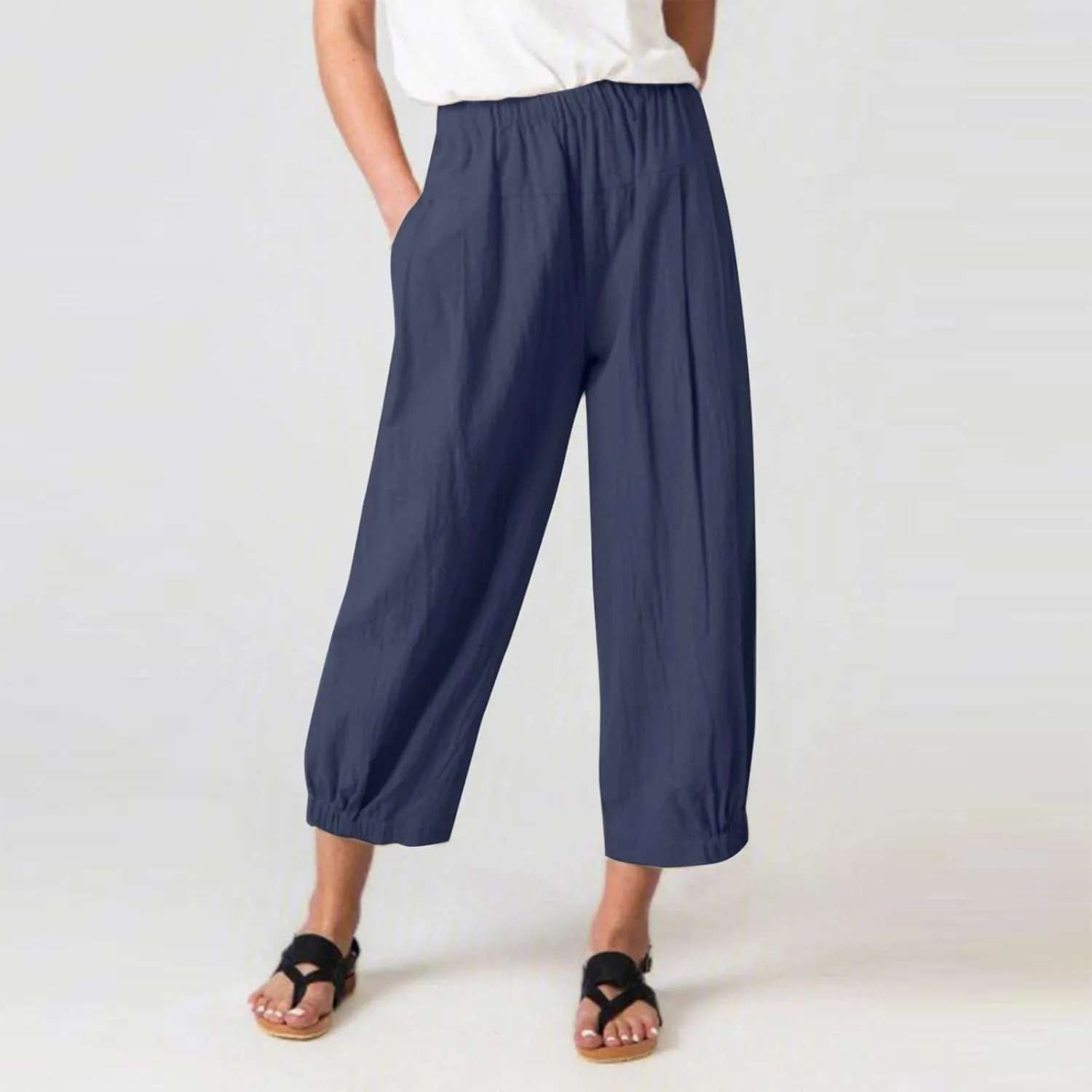 SMIDOW Women's Capris and Cropped Pants Dressy Casual Cotton Linen Pant Elastic High Waist Loose Wide Leg Long Trousers