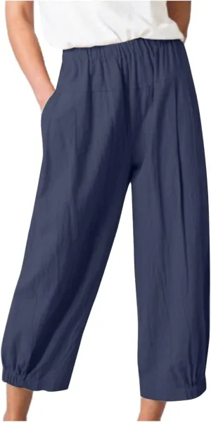 SMIDOW Women's Capris and Cropped Pants Dressy Casual Cotton Linen Pant Elastic High Waist Loose Wide Leg Long Trousers