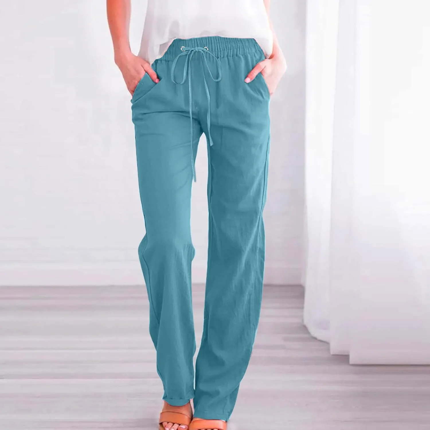SMIDOW Womens Casual Straight Leg Pants Drawstring Elastic High Waisted Cotton Linen Pant Lounge Trousers Relax Fit