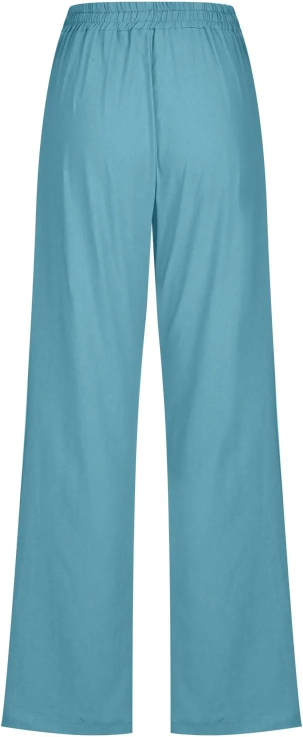SMIDOW Womens Casual Straight Leg Pants Drawstring Elastic High Waisted Cotton Linen Pant Lounge Trousers Relax Fit