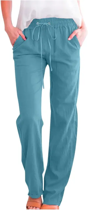 SMIDOW Womens Casual Straight Leg Pants Drawstring Elastic High Waisted Cotton Linen Pant Lounge Trousers Relax Fit