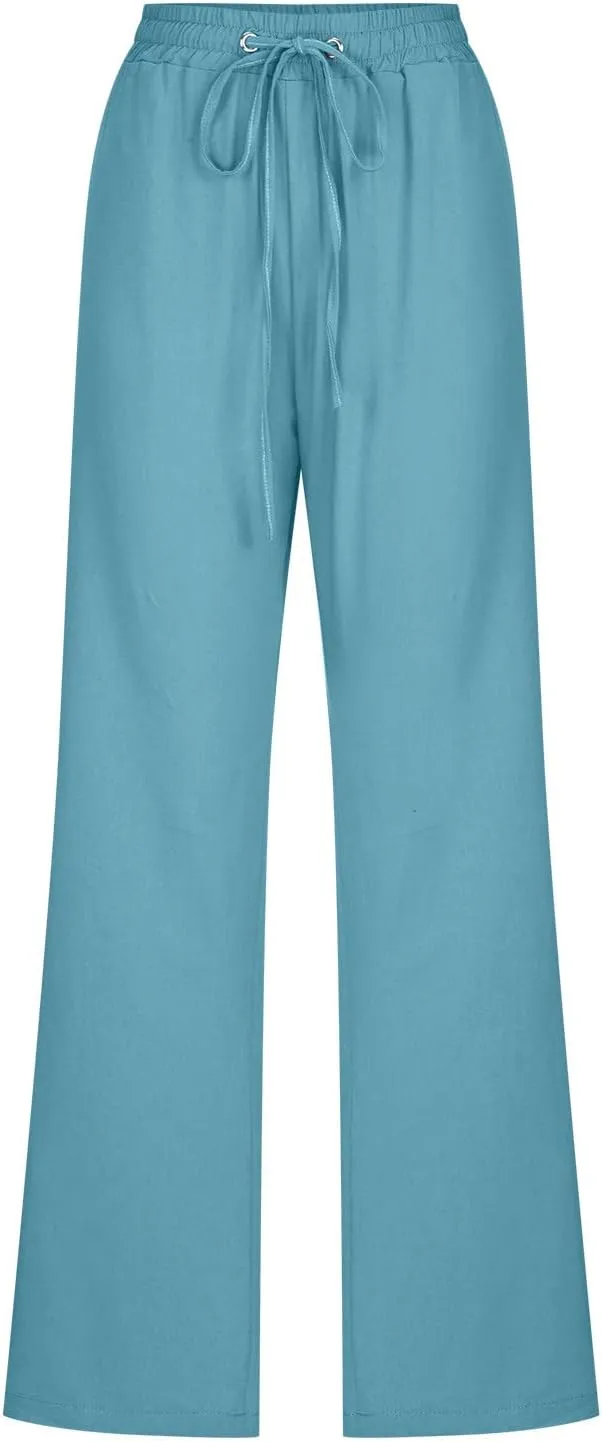 SMIDOW Womens Casual Straight Leg Pants Drawstring Elastic High Waisted Cotton Linen Pant Lounge Trousers Relax Fit