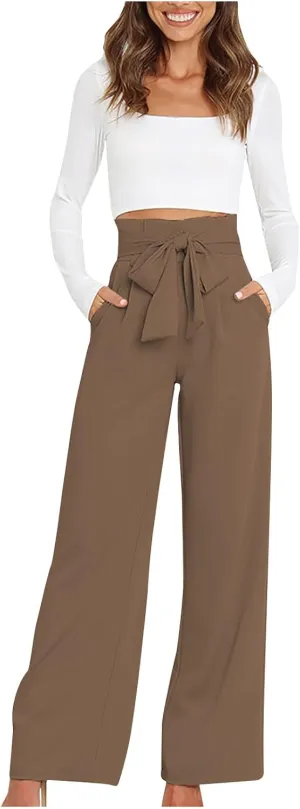 SMIDOW Womens High Waist Wide Leg Pants Paper Bag Business Casual Dress Pant Palazzo Long Work Trousers with Pockets
