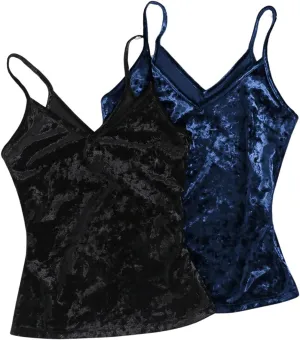 SOLY HUX Women's 2 Piece Velvet Cami Top V Neck Spaghetti Strap Solid Tops