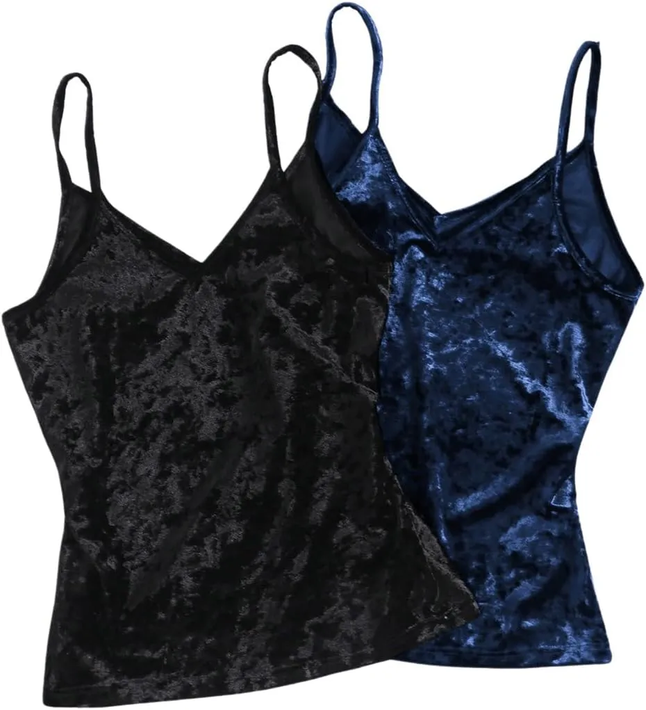 SOLY HUX Women's 2 Piece Velvet Cami Top V Neck Spaghetti Strap Solid Tops