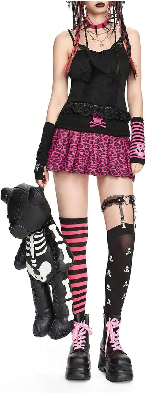 SOLY HUX Women's Goth Leopard Print Mini Skirt Low Rise Pleated Y2k Skirts
