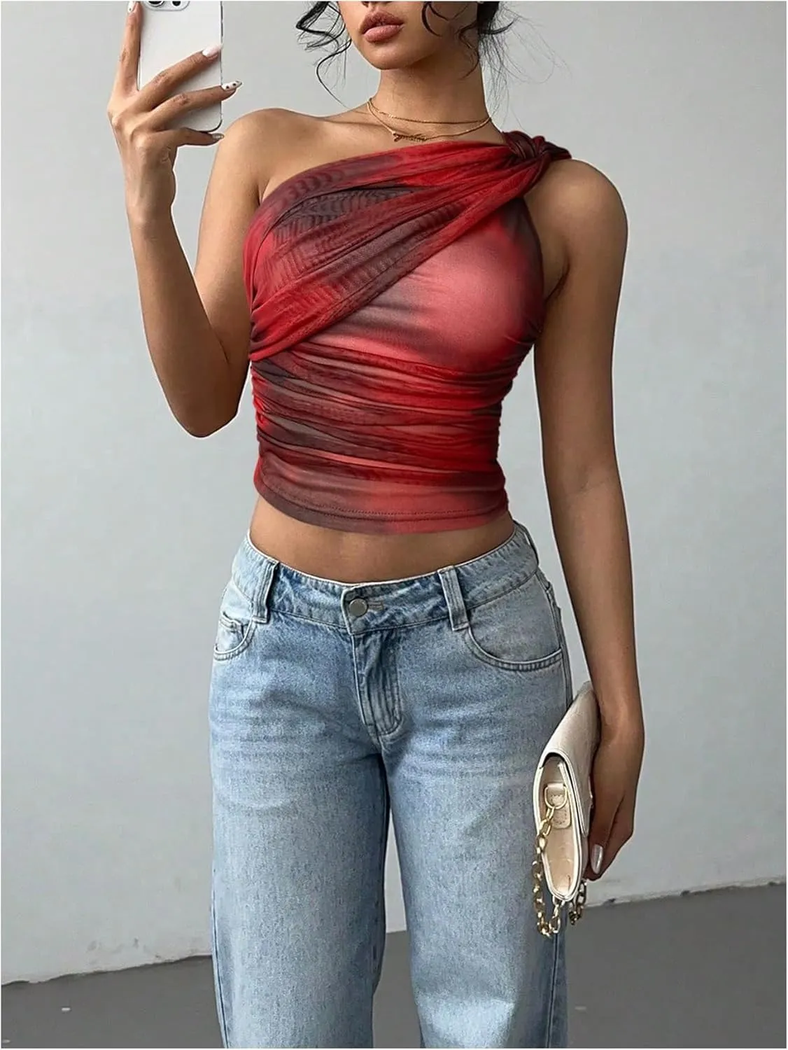 SOLY HUX Women's One Shoulder Crop Tops Y2K Tie Dye Ruched Sleeveless Club Festival Concert Going Out Top