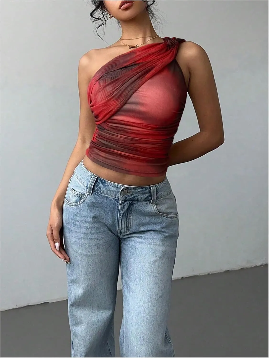 SOLY HUX Women's One Shoulder Crop Tops Y2K Tie Dye Ruched Sleeveless Club Festival Concert Going Out Top