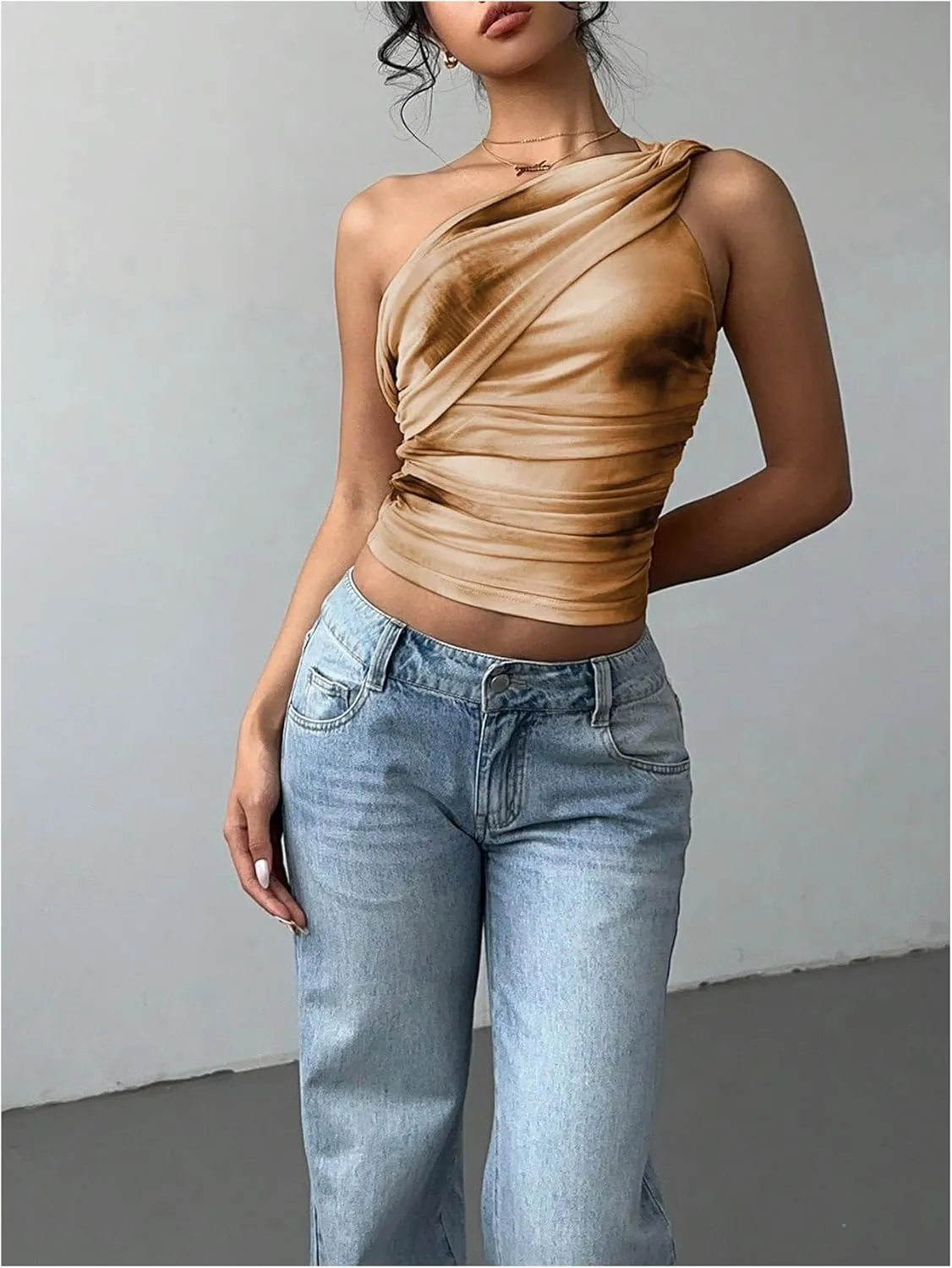 SOLY HUX Women's One Shoulder Crop Tops Y2K Tie Dye Ruched Sleeveless Club Festival Concert Going Out Top