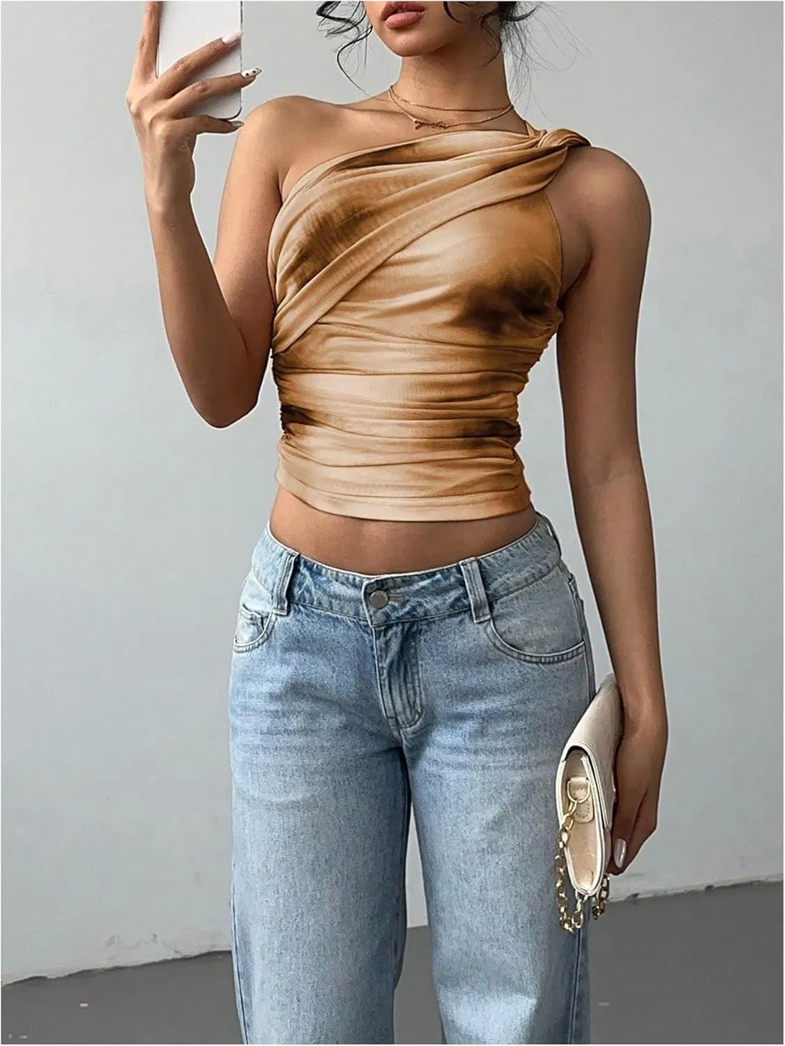 SOLY HUX Women's One Shoulder Crop Tops Y2K Tie Dye Ruched Sleeveless Club Festival Concert Going Out Top