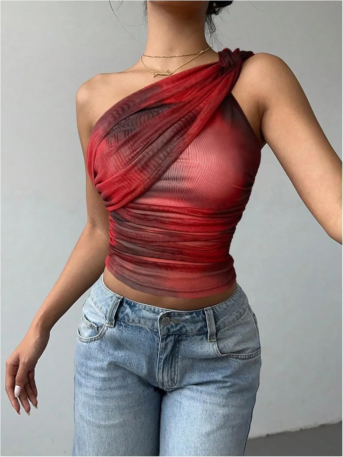SOLY HUX Women's One Shoulder Crop Tops Y2K Tie Dye Ruched Sleeveless Club Festival Concert Going Out Top