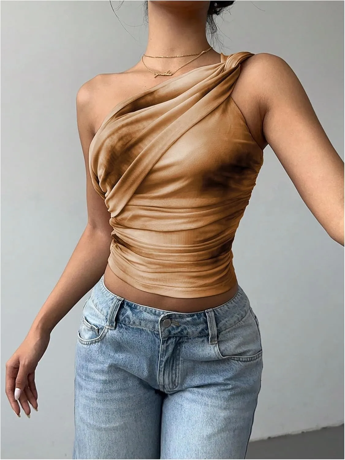 SOLY HUX Women's One Shoulder Crop Tops Y2K Tie Dye Ruched Sleeveless Club Festival Concert Going Out Top