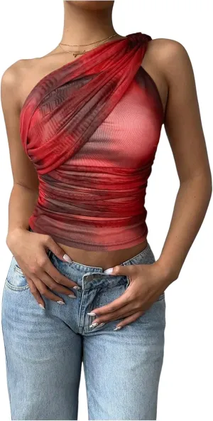 SOLY HUX Women's One Shoulder Crop Tops Y2K Tie Dye Ruched Sleeveless Club Festival Concert Going Out Top