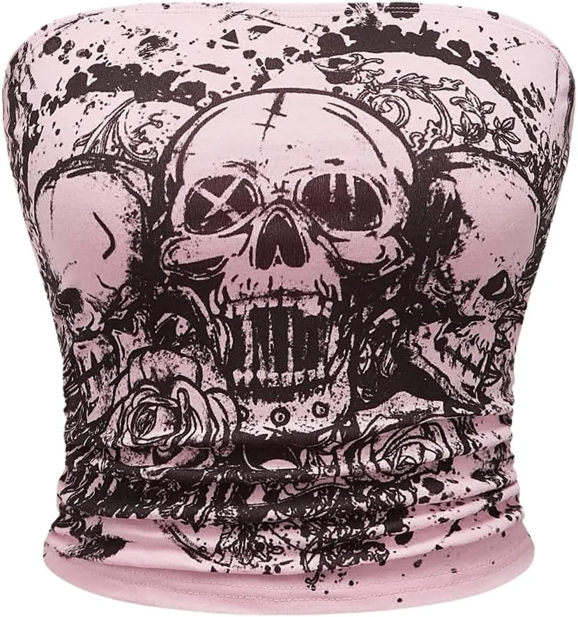 SOLY HUX Women's Y2k Goth Tube Crop Top Skull Print Strapless Sleeveless Bandeau Tops