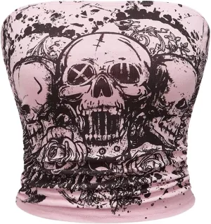 SOLY HUX Women's Y2k Goth Tube Crop Top Skull Print Strapless Sleeveless Bandeau Tops