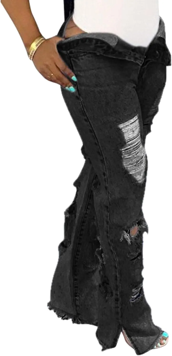 SOMTHRON Women's High Waist Ripped Bell Bottom Jeans Slim Fit Destoryed Flare Denim Pants Distressed Trousers