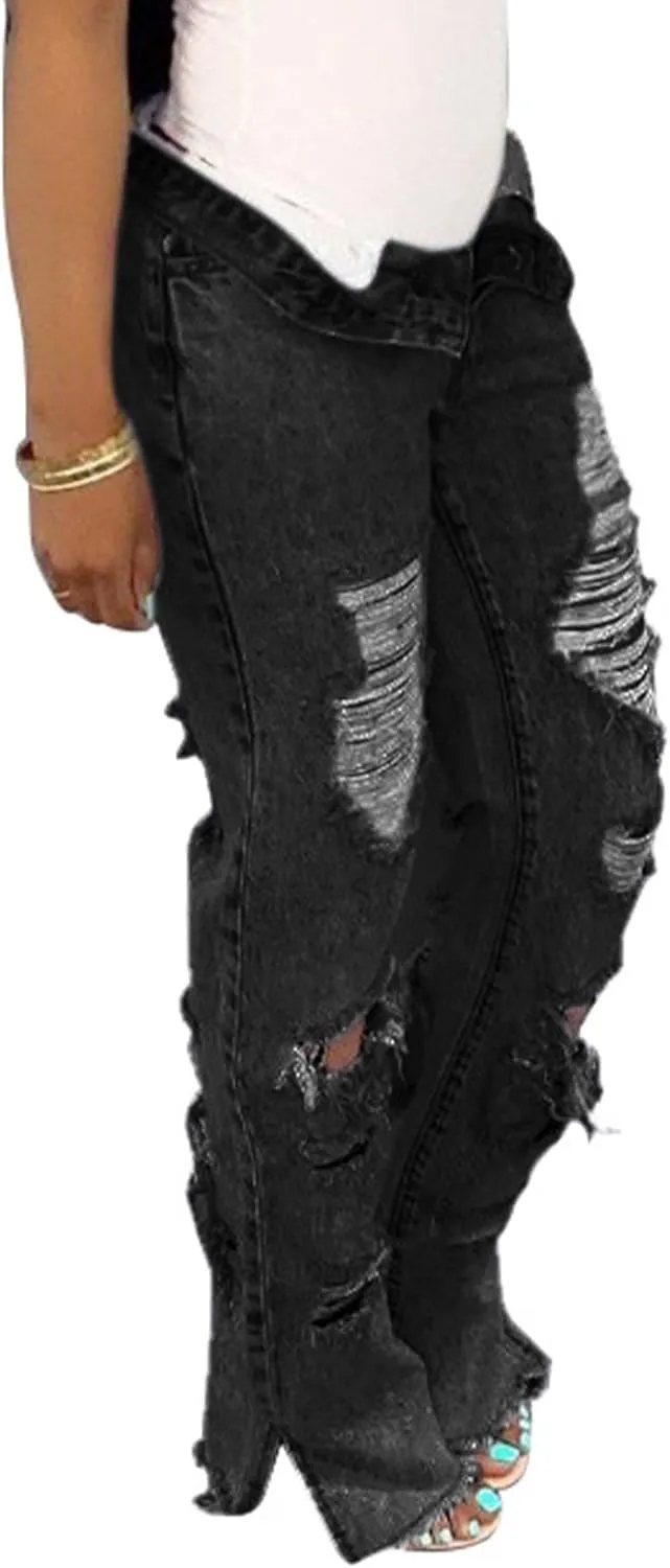 SOMTHRON Women's High Waist Ripped Bell Bottom Jeans Slim Fit Destoryed Flare Denim Pants Distressed Trousers