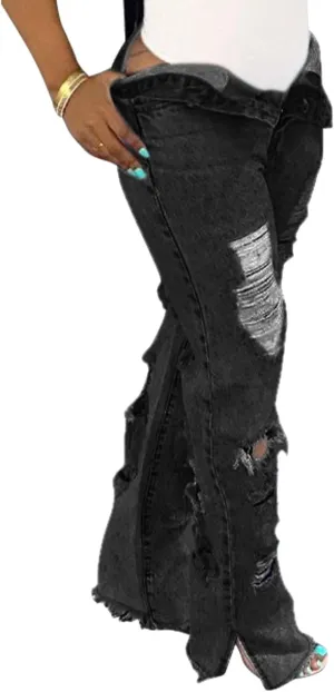 SOMTHRON Women's High Waist Ripped Bell Bottom Jeans Slim Fit Destoryed Flare Denim Pants Distressed Trousers