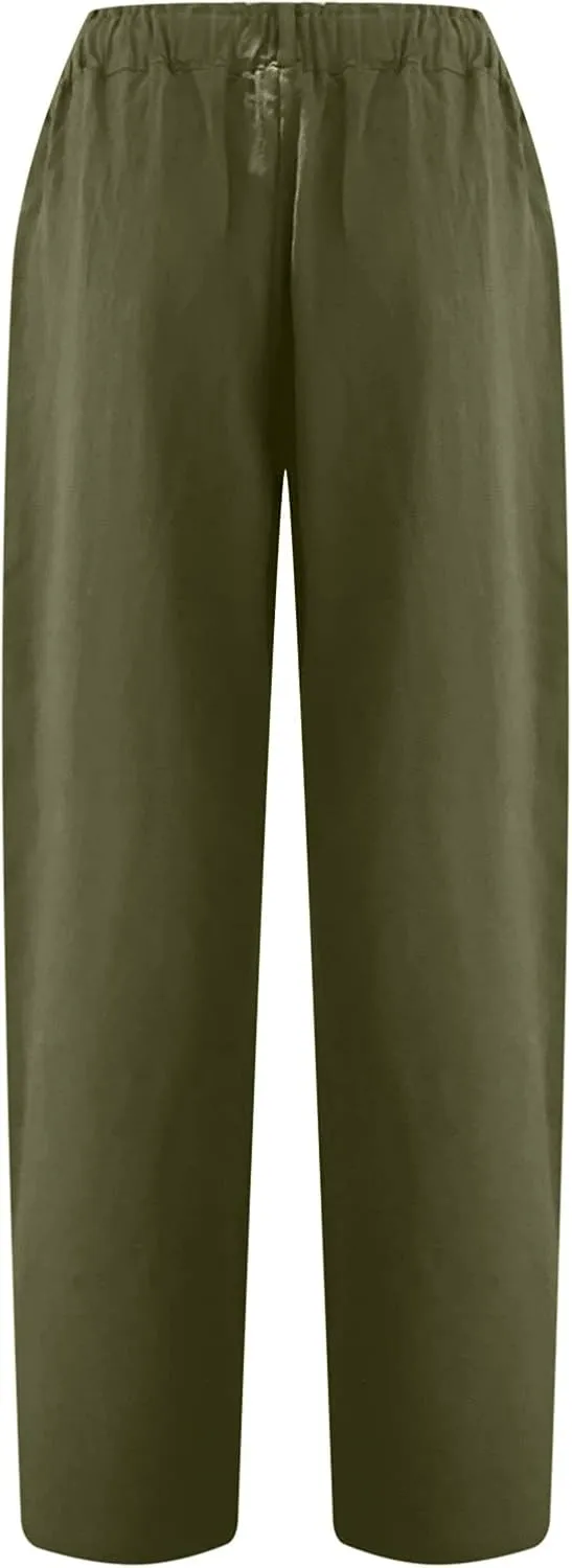 Spring Pants for Women 2023 Casual Straight Leg Elastic Waist Cropped Lounge Pant Trousers with Pockets