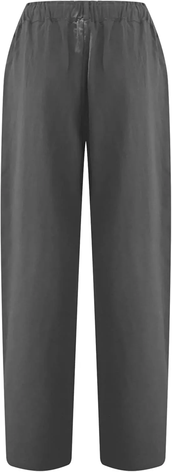 Spring Pants for Women 2023 Casual Straight Leg Elastic Waist Cropped Lounge Pant Trousers with Pockets