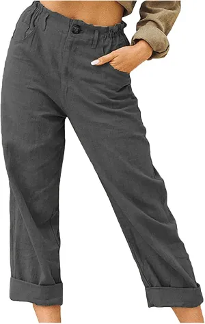 Spring Pants for Women 2023 Casual Straight Leg Elastic Waist Cropped Lounge Pant Trousers with Pockets