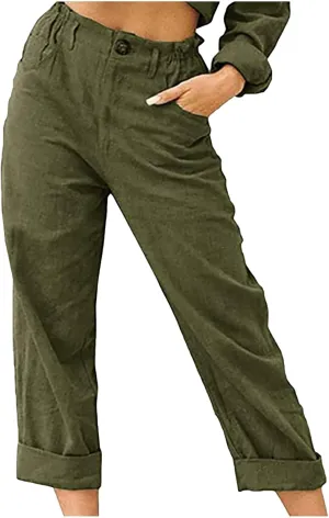 Spring Pants for Women 2023 Casual Straight Leg Elastic Waist Cropped Lounge Pant Trousers with Pockets