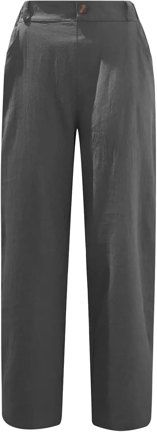 Spring Pants for Women 2023 Casual Straight Leg Elastic Waist Cropped Lounge Pant Trousers with Pockets
