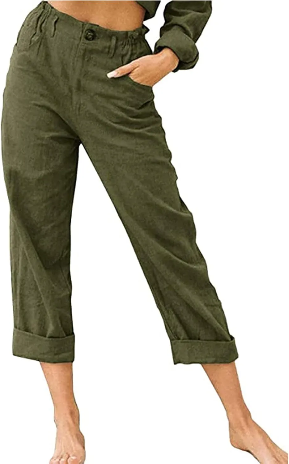 Spring Pants for Women 2023 Casual Straight Leg Elastic Waist Cropped Lounge Pant Trousers with Pockets