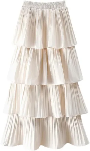Spring Summer Women High Waist Slim Long Skirt Solid Color Multi-Layer Pleated Hem Cake Skirt