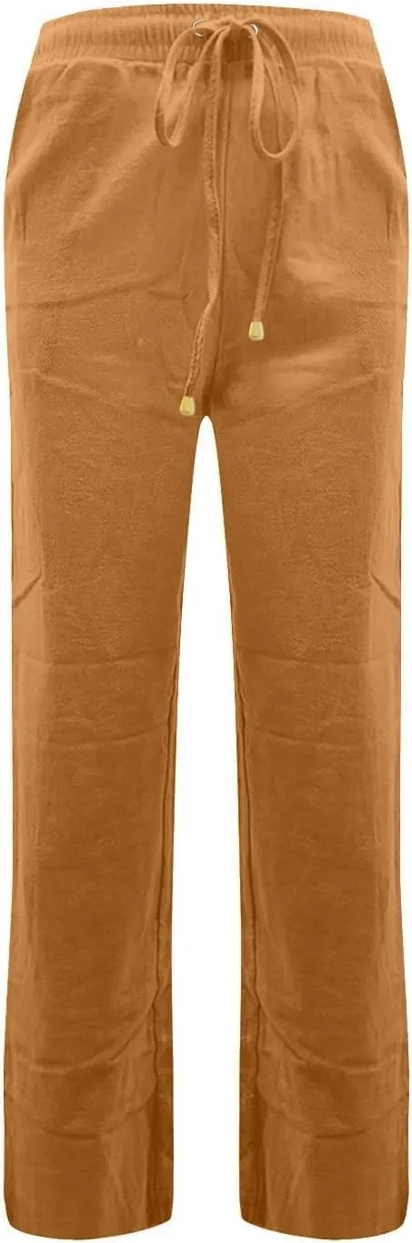 Straight Leg Linen Pants Women Drawstring Elastic High Waisted Pants Casual Lightweight Summer Pants Linen Trousers
