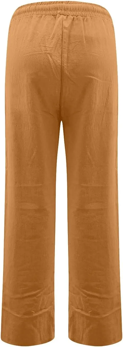 Straight Leg Linen Pants Women Drawstring Elastic High Waisted Pants Casual Lightweight Summer Pants Linen Trousers